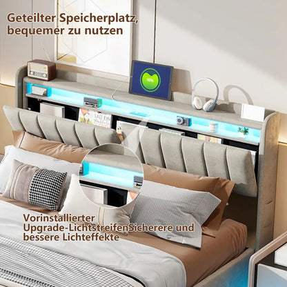 Lit double LED avec USB et rangement en velours – 140 ou 160 × 200 cm - Lit double avec rangement