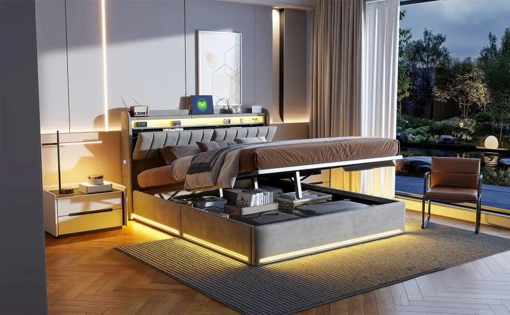 Lit double LED avec USB et rangement en velours – 140 ou 160 × 200 cm - Lit double avec rangement