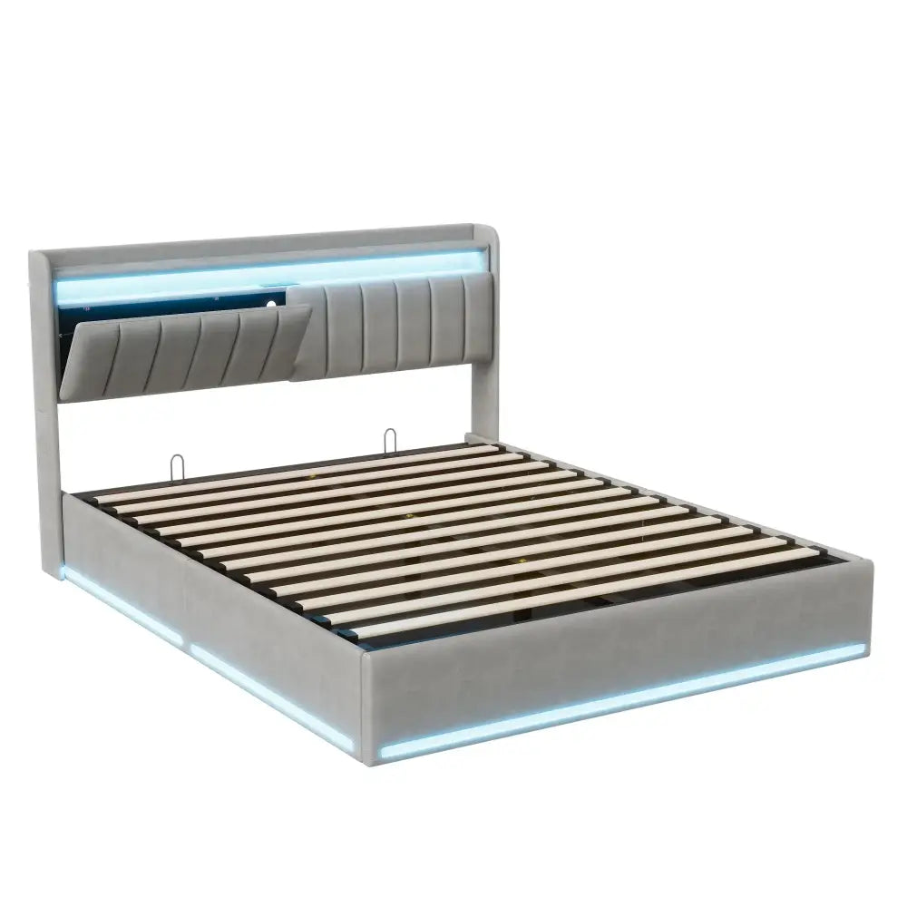 Lit double LED avec USB et rangement en velours – 140 ou 160 × 200 cm - Lit double avec rangement