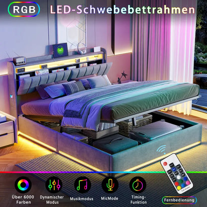 Lit double LED avec USB et rangement en velours – 140 ou 160 × 200 cm - Lit double avec rangement