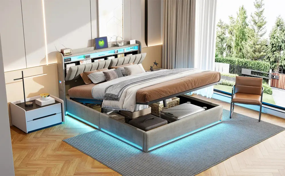 Lit double LED avec USB et rangement en velours – 140 ou 160 × 200 cm - Lit double avec rangement