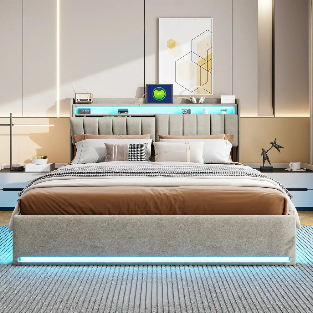 Lit double LED avec USB et rangement en velours – 140 ou 160 × 200 cm - Lit double avec rangement