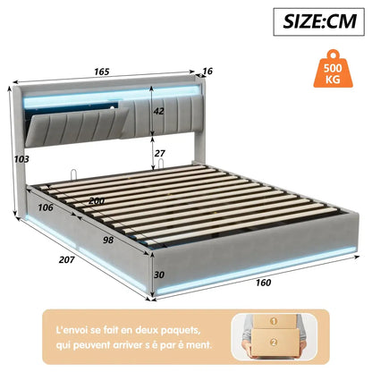 Lit double LED avec USB et rangement en velours – 140 ou 160 × 200 cm - Lit double avec rangement