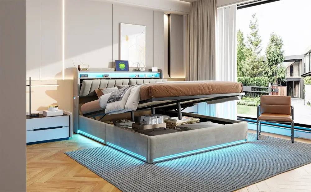 Lit double LED avec USB et rangement en velours – 140 ou 160 × 200 cm - Lit double avec rangement