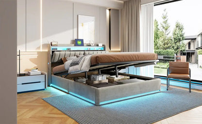 Lit double LED avec USB et rangement en velours – 140 ou 160 × 200 cm - Lit double avec rangement