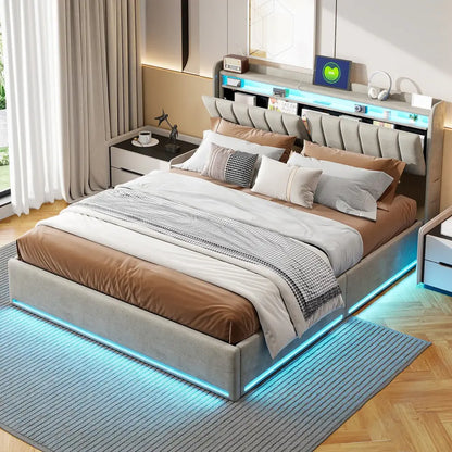 Lit double LED avec USB et rangement en velours – 140 ou 160 × 200 cm - Lit double avec rangement
