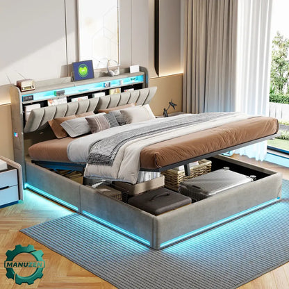 Lit double LED avec USB et rangement en velours – 140 ou 160 × 200 cm - 140 × 200 cm / Allemagne - Lit double avec