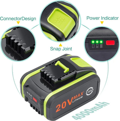 Lot De 2 Batteries De Rechange 20 V 4000 Mah/4.0 Ah Pour Worx 20 V WA3551, WA3551.1, WA3553, WA3553.2, WX372.1, WX80000 WX80000 WX3 WX3 WX80000 WX3 WX3 802 WXS. 678 WX550 WX523 WU531.9 WG894E