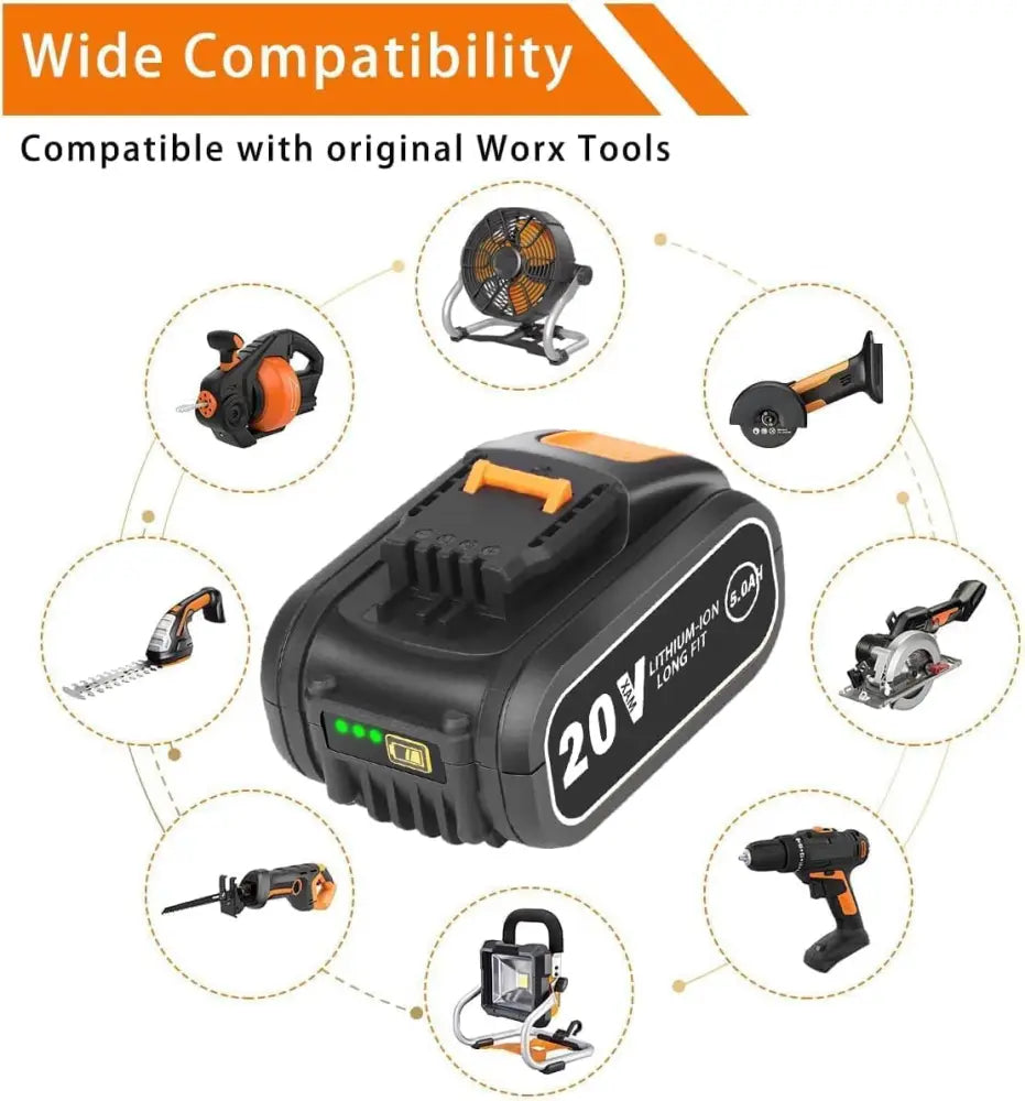 Lot De 2 Batteries De Rechange 5,0 Ah Pour Outils Worx 20 V - Compatible Avec WA3553, WA3551, WA3572, WX390, WX176, WX178, WU268, WX166.4, WX372.1, WX800, WG2 59E