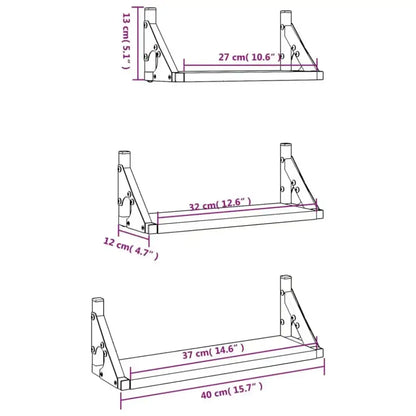 Lot de 3 étagères murales en bois et métal – 30 à 40 cm - Étagère murale