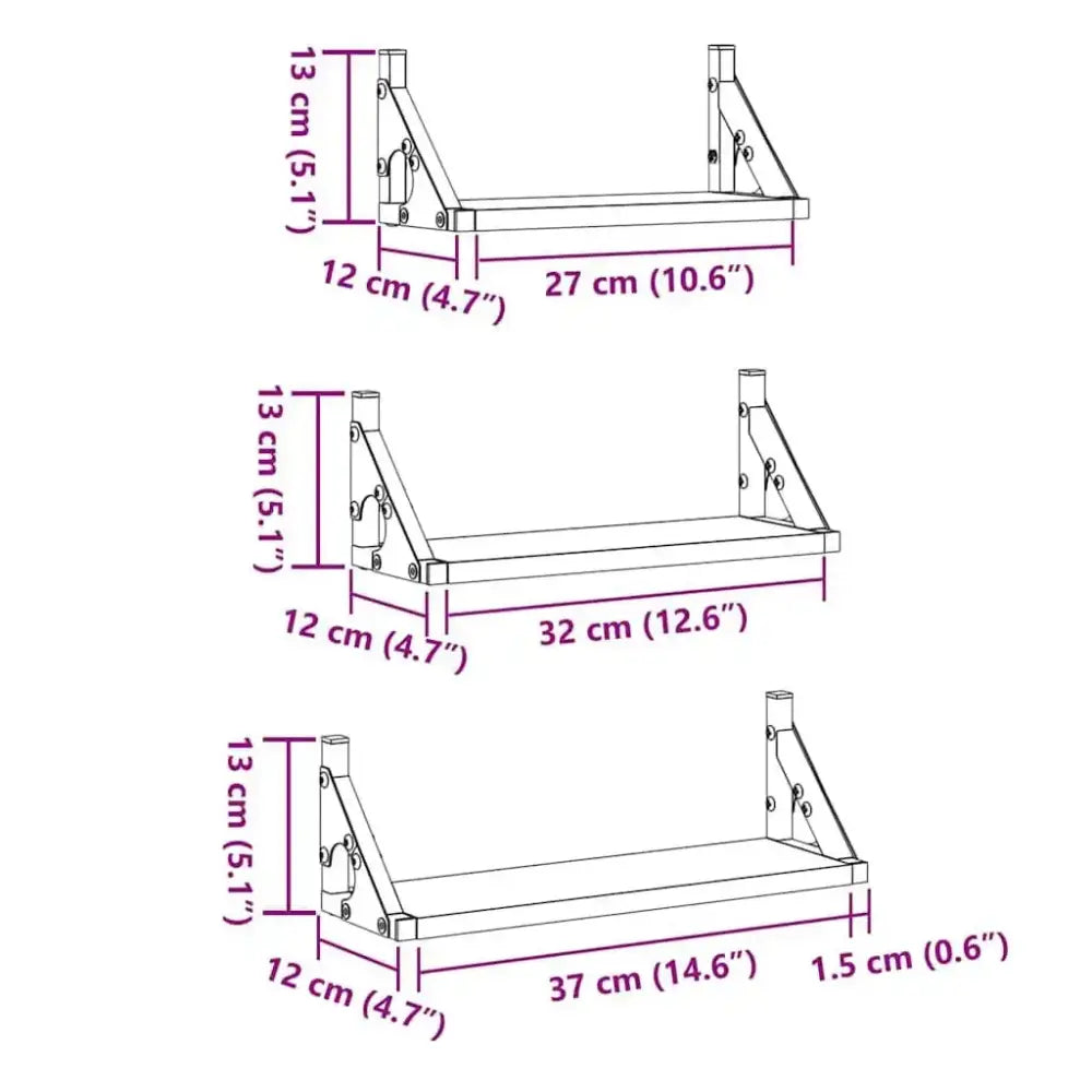 Lot de 3 étagères murales en bois et métal – 30 à 40 cm - Étagère murale