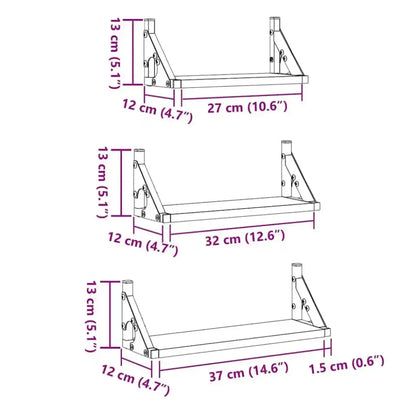 Lot de 3 étagères murales en bois et métal – 30 à 40 cm - Étagère murale