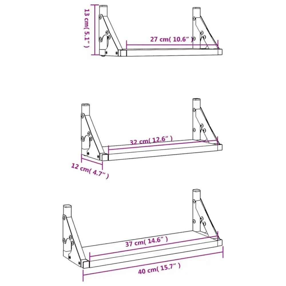Lot de 3 étagères murales en bois et métal – 30 à 40 cm - Étagère murale