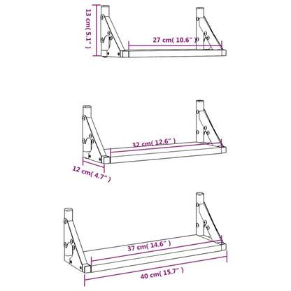Lot de 3 étagères murales en bois et métal – 30 à 40 cm - Étagère murale