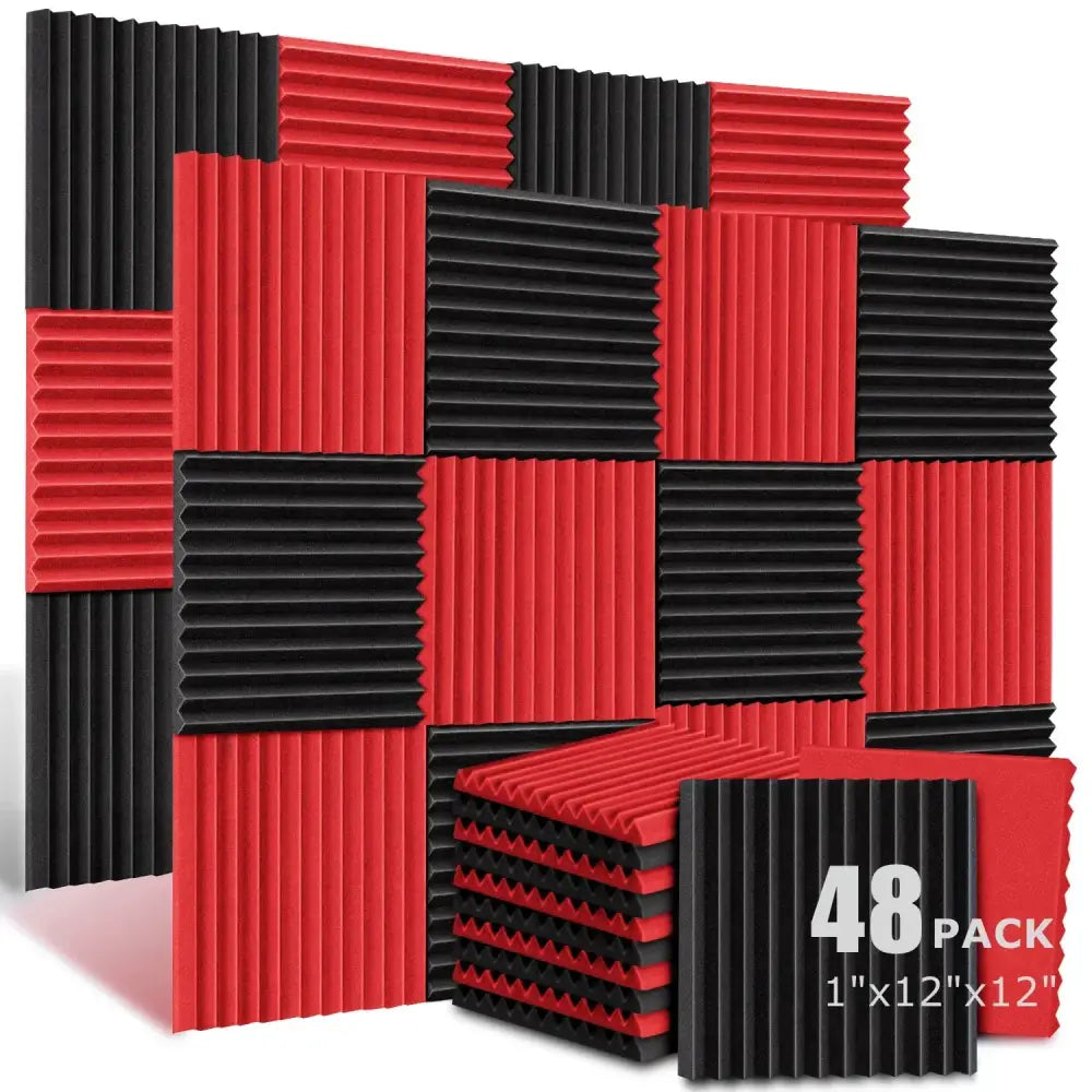 Lot de 48 panneaux acoustiques en mousse 30 × 30 cm pour studio - Espagne / 24 noirs + 24 rouges / Haute densité
