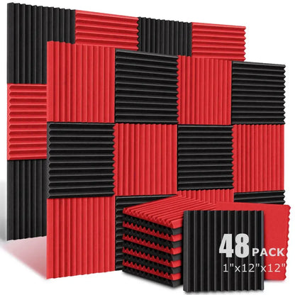 Lot de 48 panneaux acoustiques en mousse 30 × 30 cm pour studio - Espagne / 24 noirs + 24 rouges / Haute densité