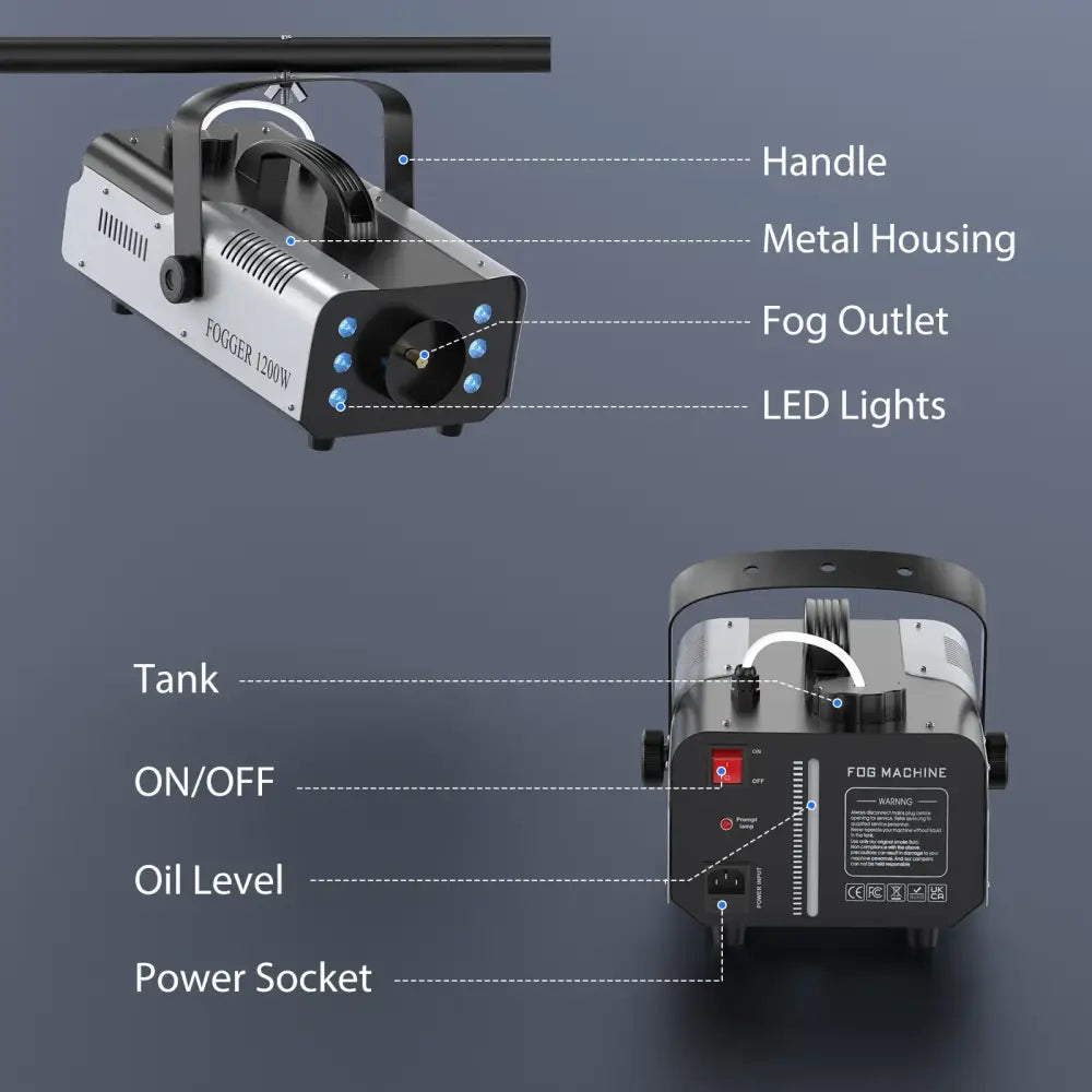 Machine à fumée 1 200 W avec 6 LED RGB et télécommande - machine à fumée 1200W LED RGB