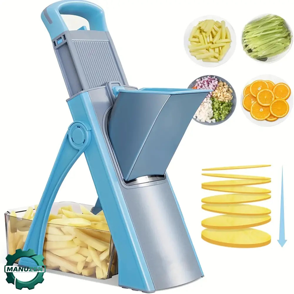 Mandoline de cuisine 4 coupes – tranches, dés et julienne – Bleu