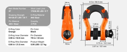 Manilles D 3/4 pouce 8 T – paire renforcée - Accessoires de remorquage