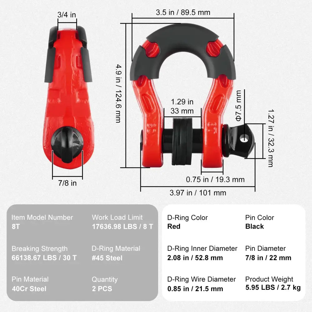 Manilles D 3/4 pouce 8 T – paire renforcée - Rouge / France - Accessoires de remorquage