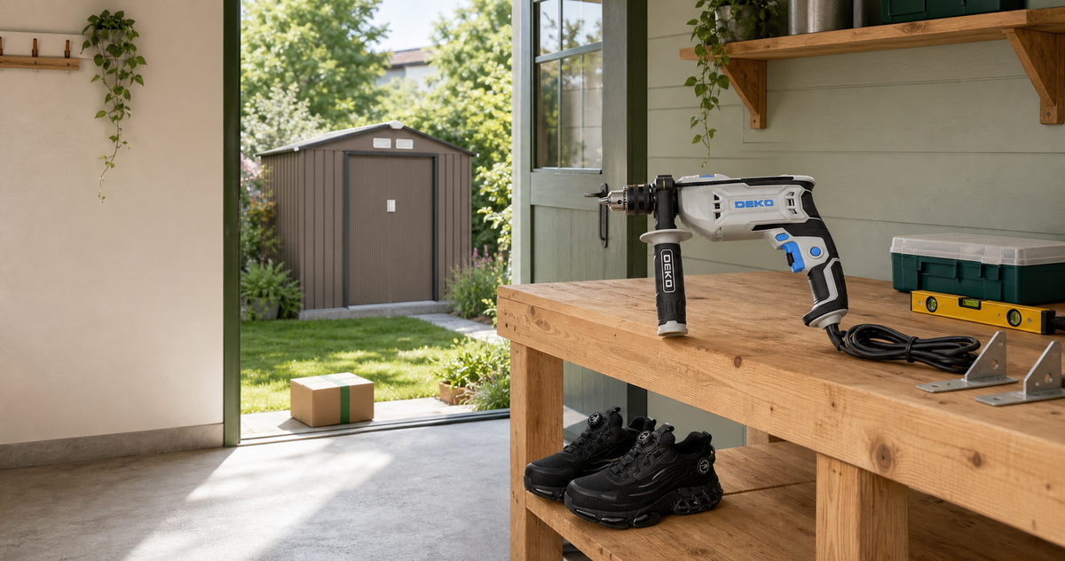 Atelier Manuzen avec perceuse DEKO, chaussures de sécurité, colis suivi et abri de jardin