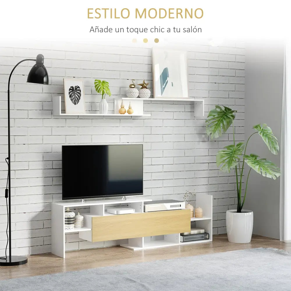 Meuble TV 154 cm avec étagère murale assortie - meuble TV avec étagère murale