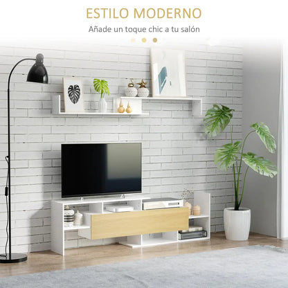 Meuble TV 154 cm avec étagère murale assortie - meuble TV avec étagère murale