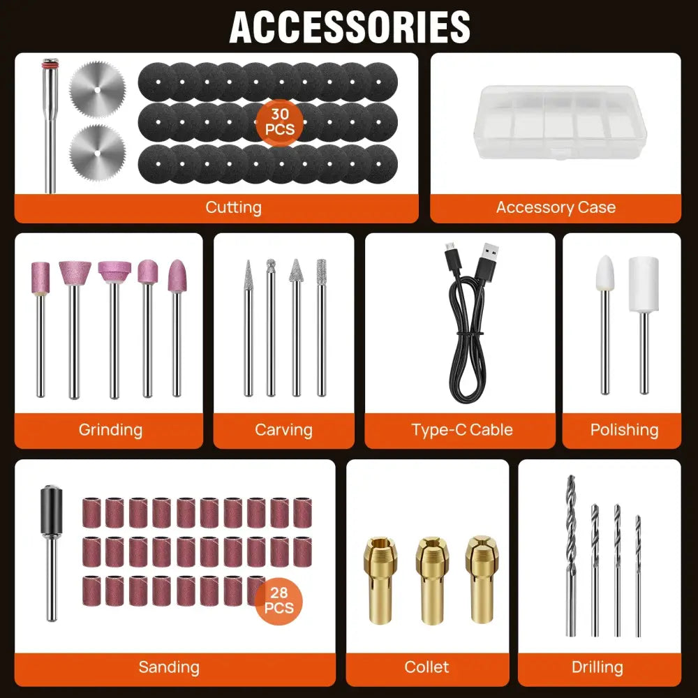 Mini-outil rotatif sans fil USB – kit de 80 pièces avec LED – détail 4