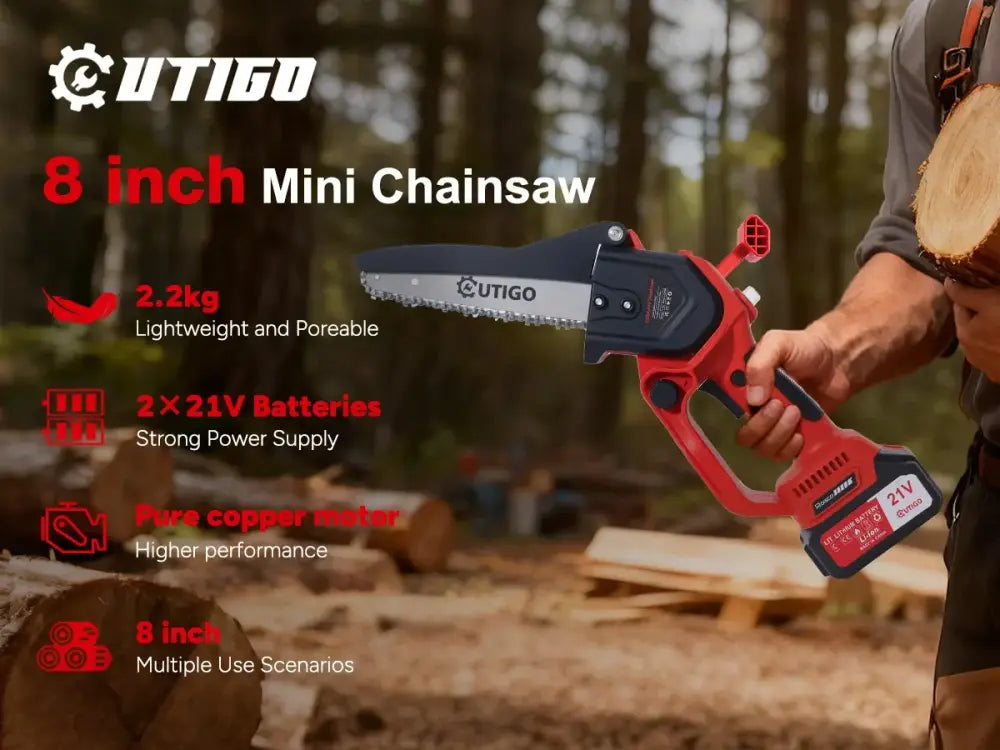 Mini tronçonneuse sans fil 8 pouces 800 W – 2 batteries 4 Ah - Rouge / 20 cm – 8 pouces / 2 batteries – France - Mini