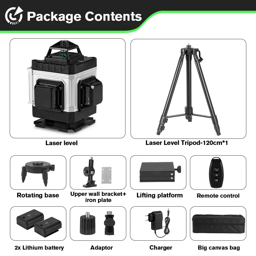 Niveau Laser Pro HGLINE 16Lignes Télécommande APP Nivellement 360 Degres Ensemble complet avec trépied de 120 cm France