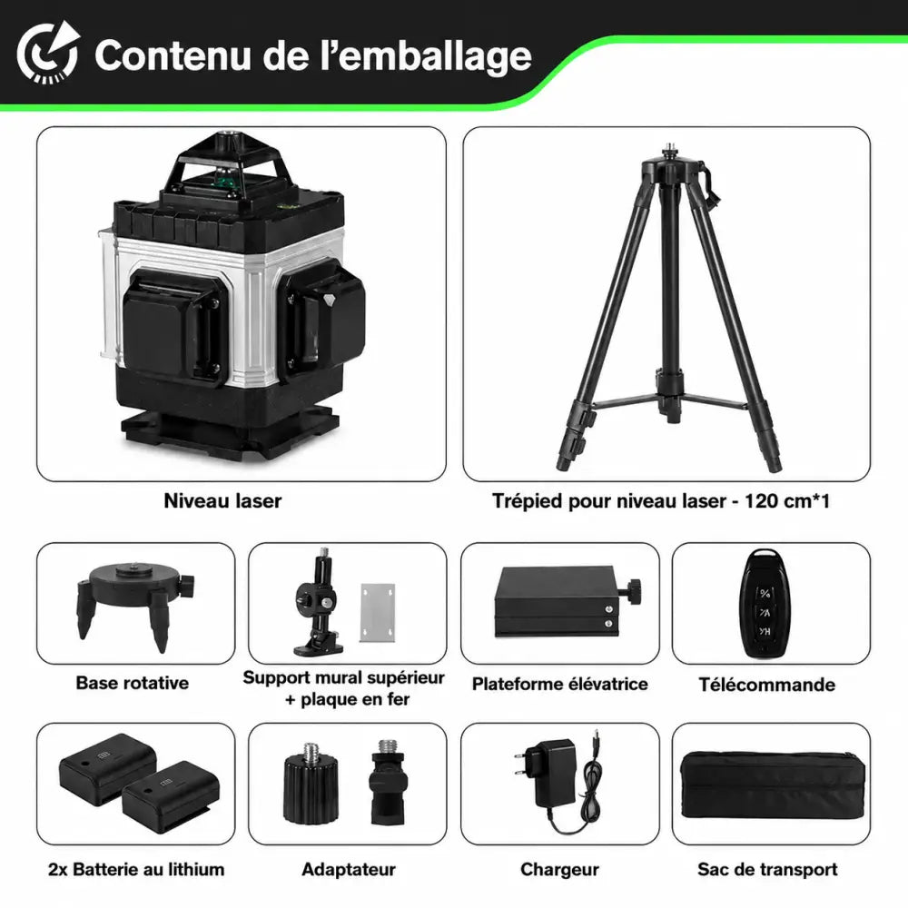 Niveau Laser Pro HGLINE 16Lignes Télécommande APP Nivellement 360 Degres Ensemble complet avec trépied de 120 cm France