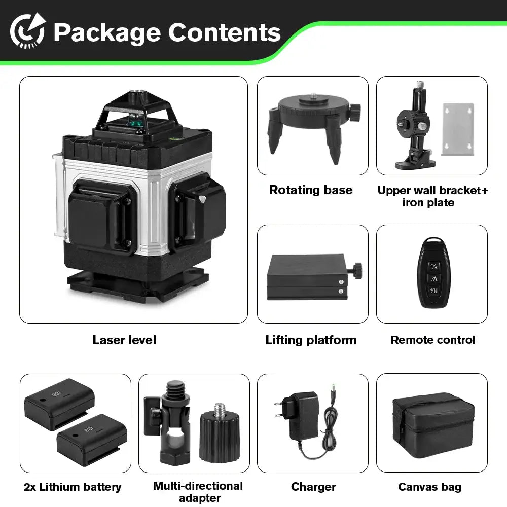 Niveau Laser Pro HGLINE 16Lignes Télécommande APP Nivellement 360 Degres Ensemble complet France