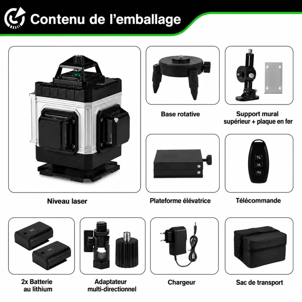 Niveau Laser Pro HGLINE 16Lignes Télécommande APP Nivellement 360 Degres Ensemble complet France