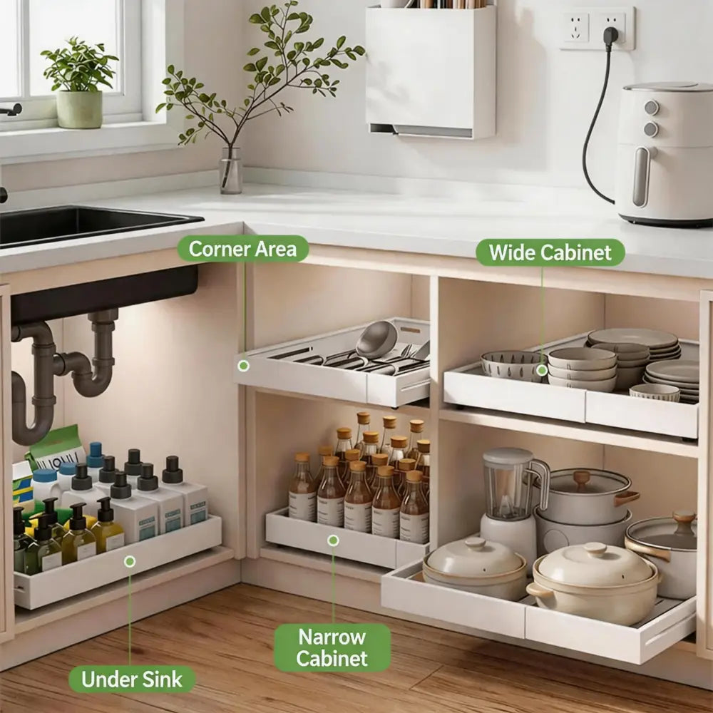 Organisateur coulissant pour placard de cuisine – sans perçage 1 ou 2 niveaux - Organisateur coulissant pour placard