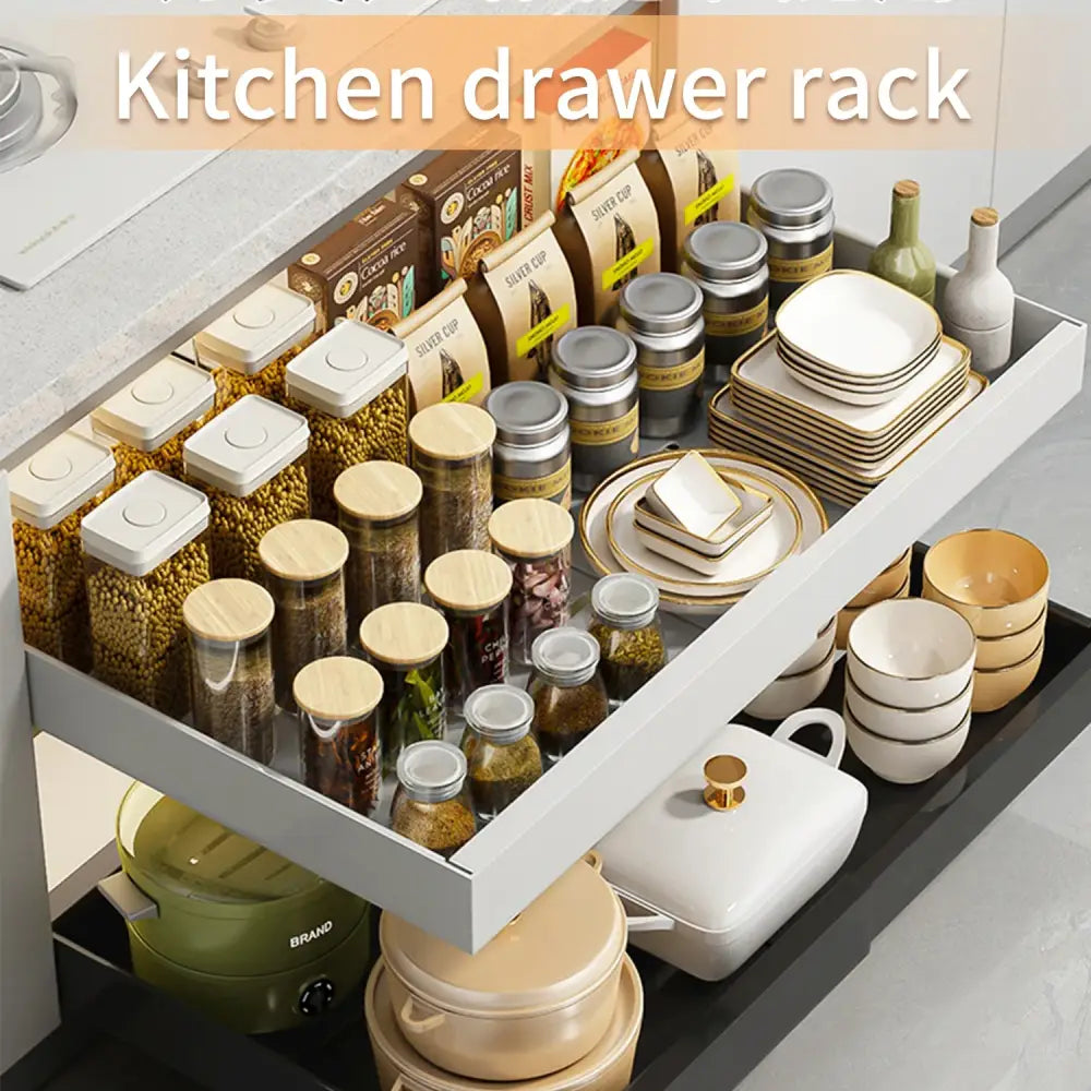 Organisateur coulissant pour placard de cuisine – sans perçage 1 ou 2 niveaux - Organisateur coulissant pour placard
