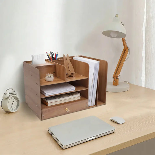 Organisateur de bureau en bois – 4 niveaux avec tiroir - Ton bois / France - organisateur bureau bois tiroir