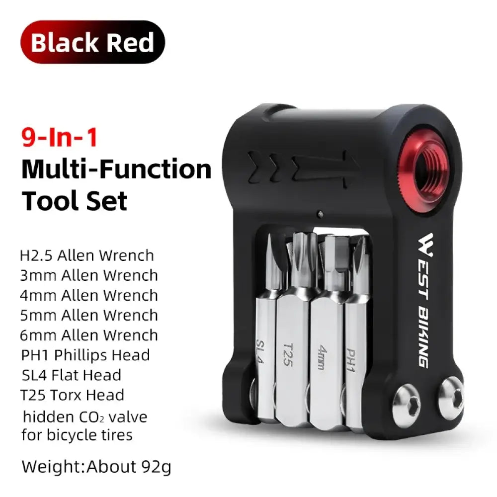 Outil multifonction vélo 9-en-1 – réglages et gonflage CO₂ – Noir et rouge
