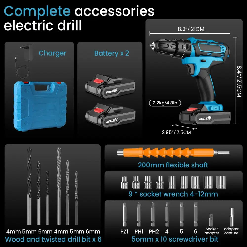 Perceuse visseuse Sans Fil Puissant Avec Double Vitesse Et Deux Batteries Boîte bleu Avec 2 Batteries France