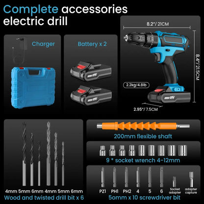 Perceuse visseuse Sans Fil Puissant Avec Double Vitesse Et Deux Batteries Boîte bleu Avec 2 Batteries France