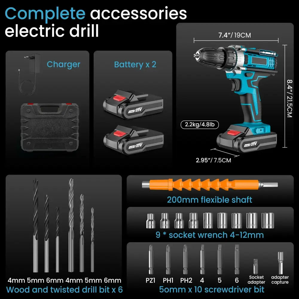 Perceuse visseuse Sans Fil Puissant Avec Double Vitesse Et Deux Batteries Boîte noire Avec 2 Batteries 1 France