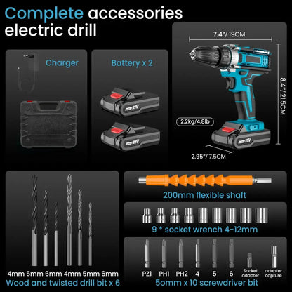 Perceuse visseuse Sans Fil Puissant Avec Double Vitesse Et Deux Batteries Boîte noire Avec 2 Batteries 1 France