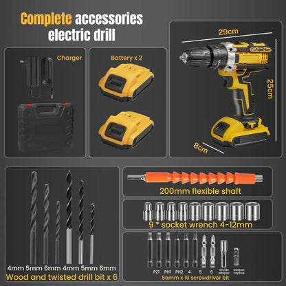 Perceuse visseuse Sans Fil Puissant Avec Double Vitesse Et Deux Batteries Jaune avec 2 Batteries France