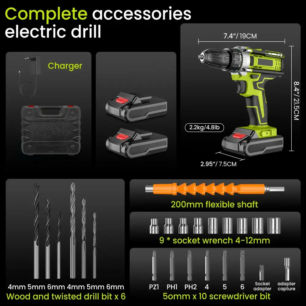 Perceuse visseuse Sans Fil Puissant Avec Double Vitesse Et Deux Batteries Jaune fluo avec 2 Batteries France