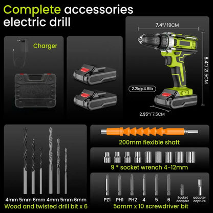 Perceuse visseuse Sans Fil Puissant Avec Double Vitesse Et Deux Batteries Jaune fluo avec 2 Batteries France