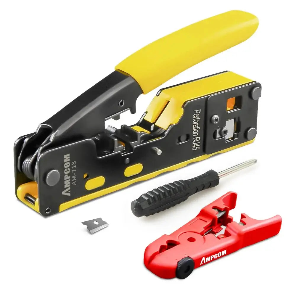 Pince à sertir RJ45 Pass Through – Cat7 à Cat5e RJ11 - Jaune – avec dénudeur, lame et tournevis / Chine – offre non