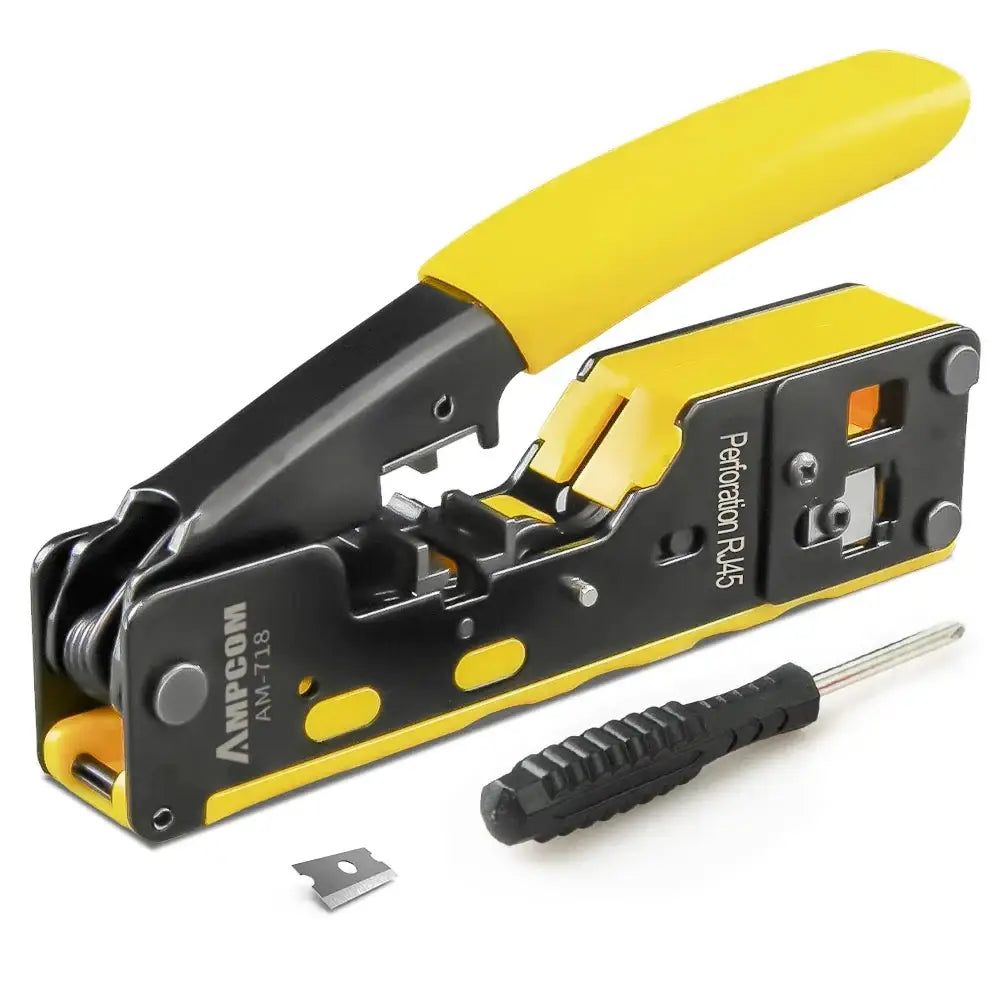 Pince à sertir RJ45 Pass Through – Cat7 à Cat5e RJ11 - Jaune – avec lame et tournevis / Chine – offre non publiée
