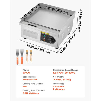 Plancha électrique inox de comptoir 220 V – 50 à 300 °C – variante 14 pouces
