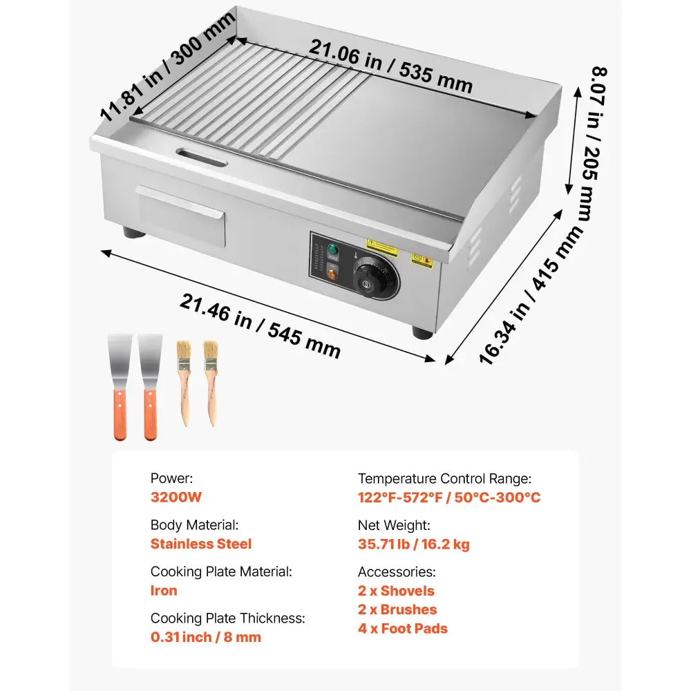 Plancha électrique inox de comptoir 220 V – 50 à 300 °C – variante 21 pouces – demi-lisse