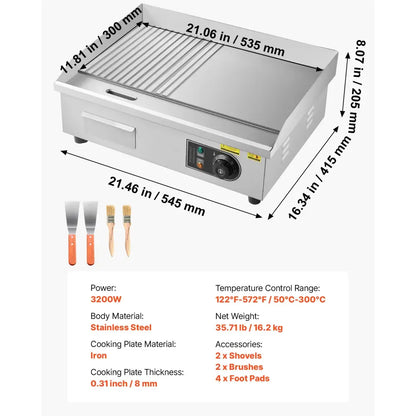 Plancha électrique inox de comptoir 220 V – 50 à 300 °C – variante 21 pouces – demi-lisse