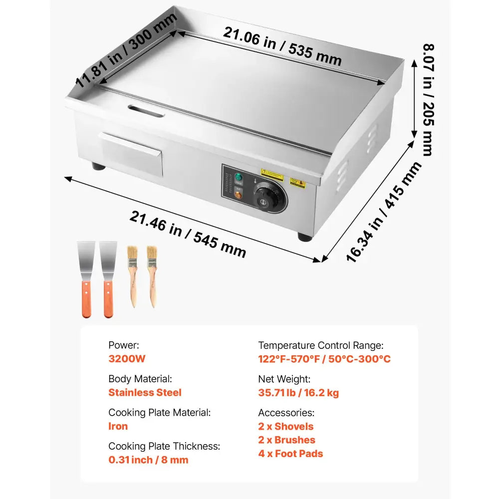 Plancha électrique inox de comptoir 220 V – 50 à 300 °C – variante 22 pouces
